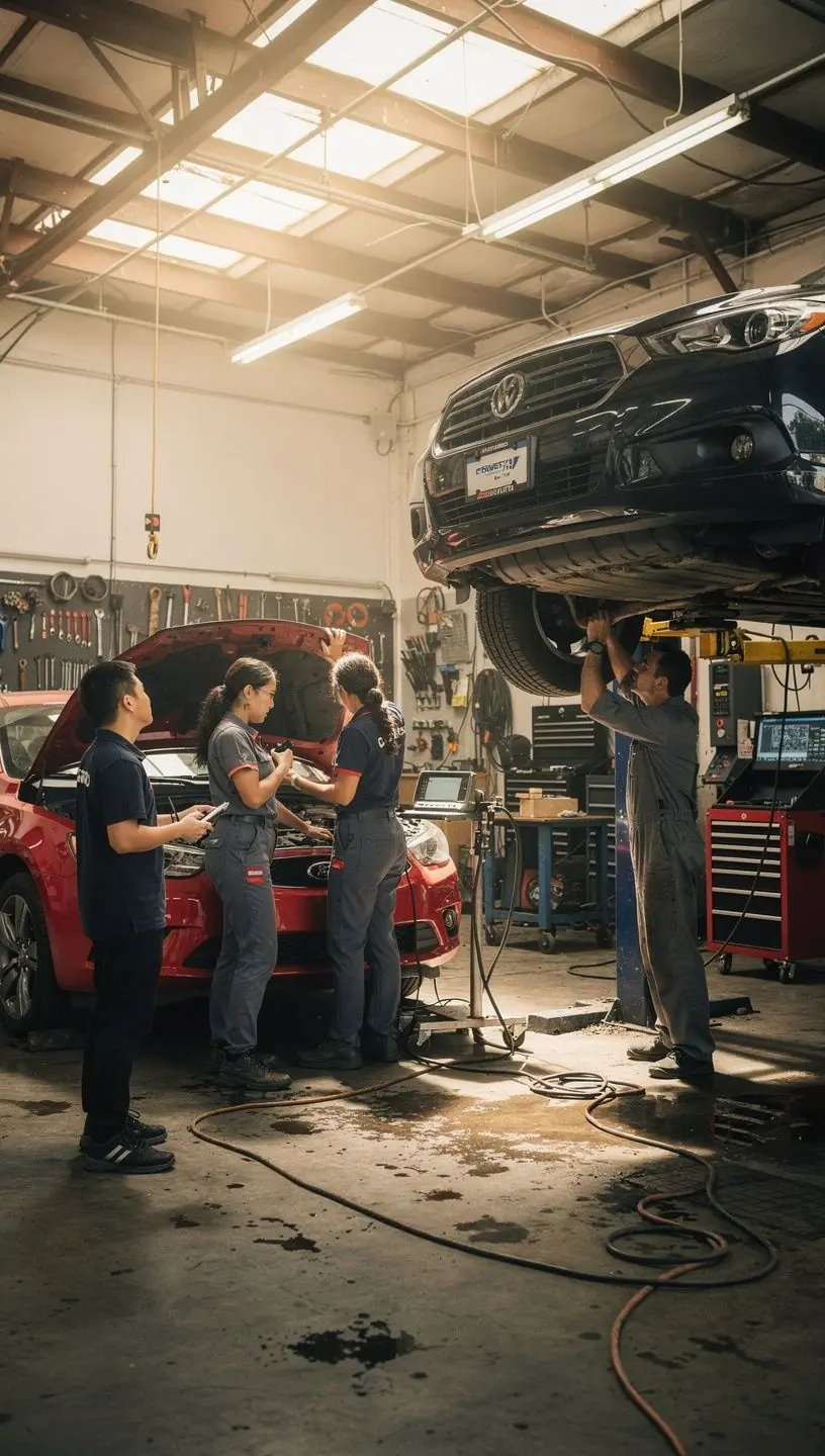 Mechanic performing brake repair with advanced diagnostic equipment in a clean workshop.